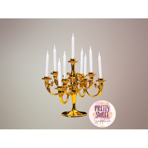 CANDELABRA CANDLESTICK Shiny Gold Cake Topper with Candles