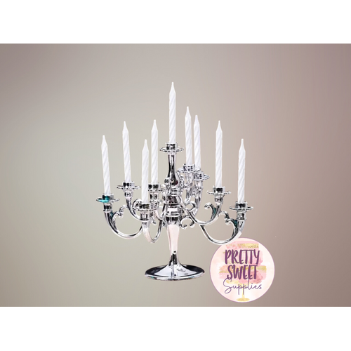 CANDELABRA CANDLESTICK Shiny Silver Cake Topper with Candles