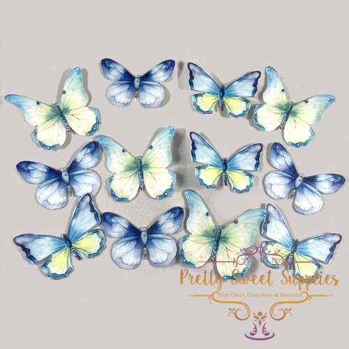 BLUE BUTTERFLIES Edible Wafer Cupcake Toppers - 12 pack