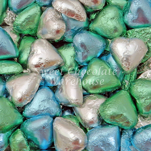 Milk Chocolate Hearts - Light Green, Light Blue and Silver 1kg - 115 pieces - Made in Australia