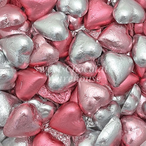 Milk Chocolate Hearts - Light Pink, Pink and Silver Mix 1kg - 115 pieces - Made in Australia