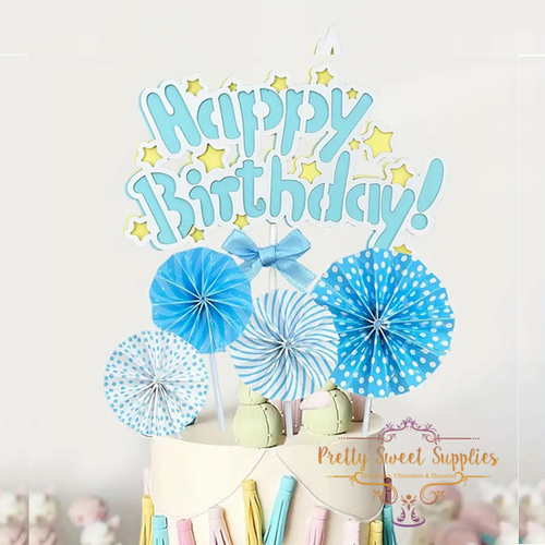 Happy Birthday Blue with Stars & Bows Cake Topper