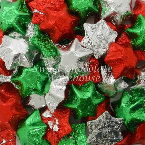 Red, Silver and Green Milk Chocolate Stars 1kg - 115 pieces - Made in Australia