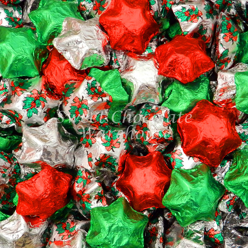 Christmas Mix Holly, Red, Silver and Green Milk Chocolate Stars 500g - 57 pieces - Made in Australia