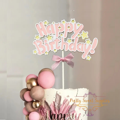 Happy Birthday Pink with Stars & Bows Cake Topper