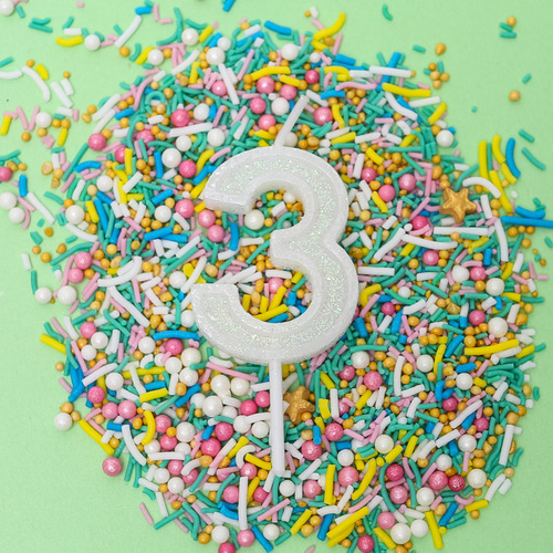 WHITE Mini Glitter Candle - Number 3