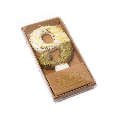 GOLD Glitter Dipped Candle 8cm - Number 9