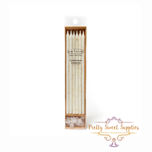 WHITE Glitter Cake Candles - 12 Pack